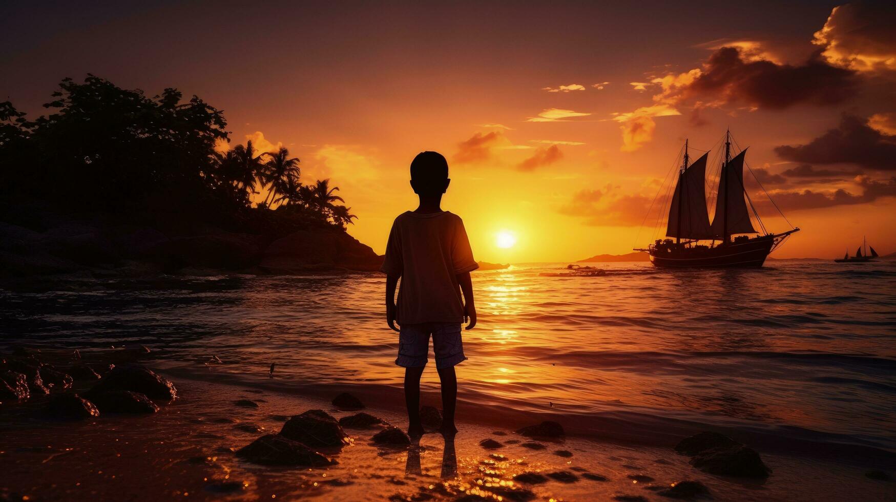 Boy s outline in sunset on the sea. silhouette concept photo