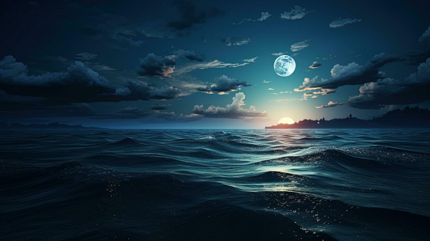 Full moon shining over the ocean landscape. silhouette concept photo
