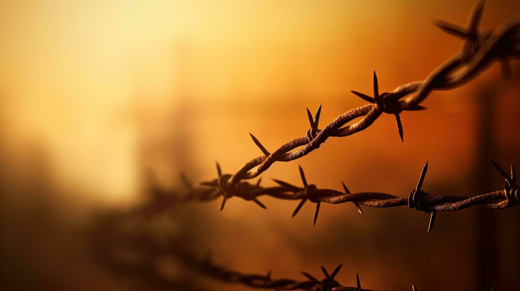 Selective Focus on wall with aged barbed wire fence. silhouette concept photo