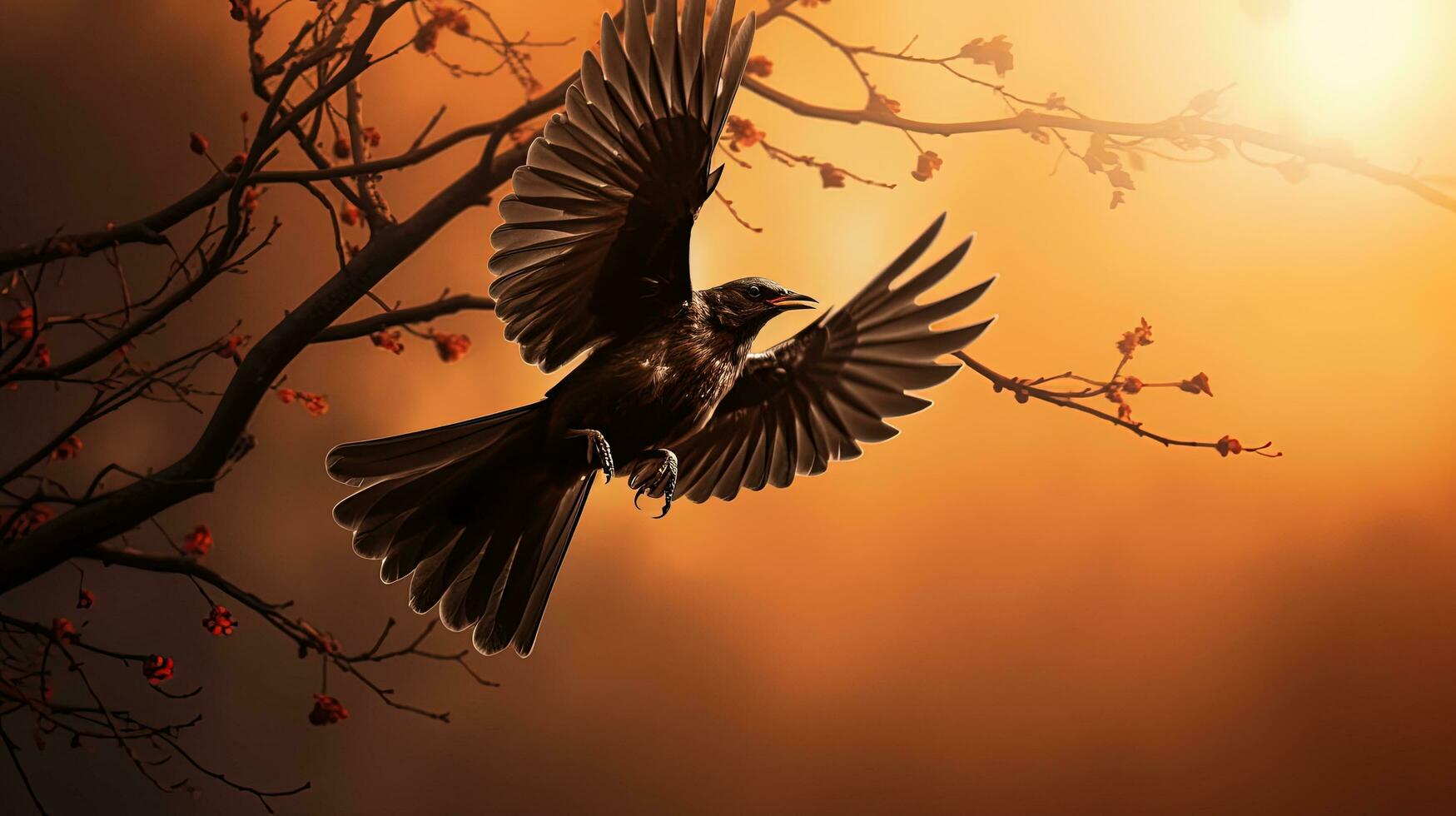 A flying bird amidst tiny branches. silhouette concept photo
