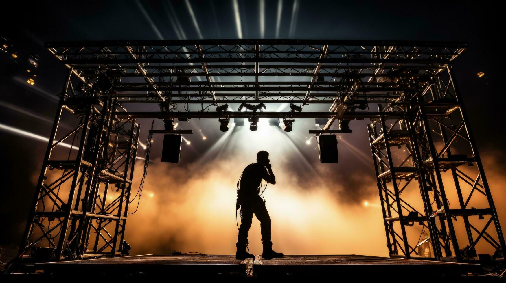 Sound technician climbing concert stage equipment frame. silhouette concept photo