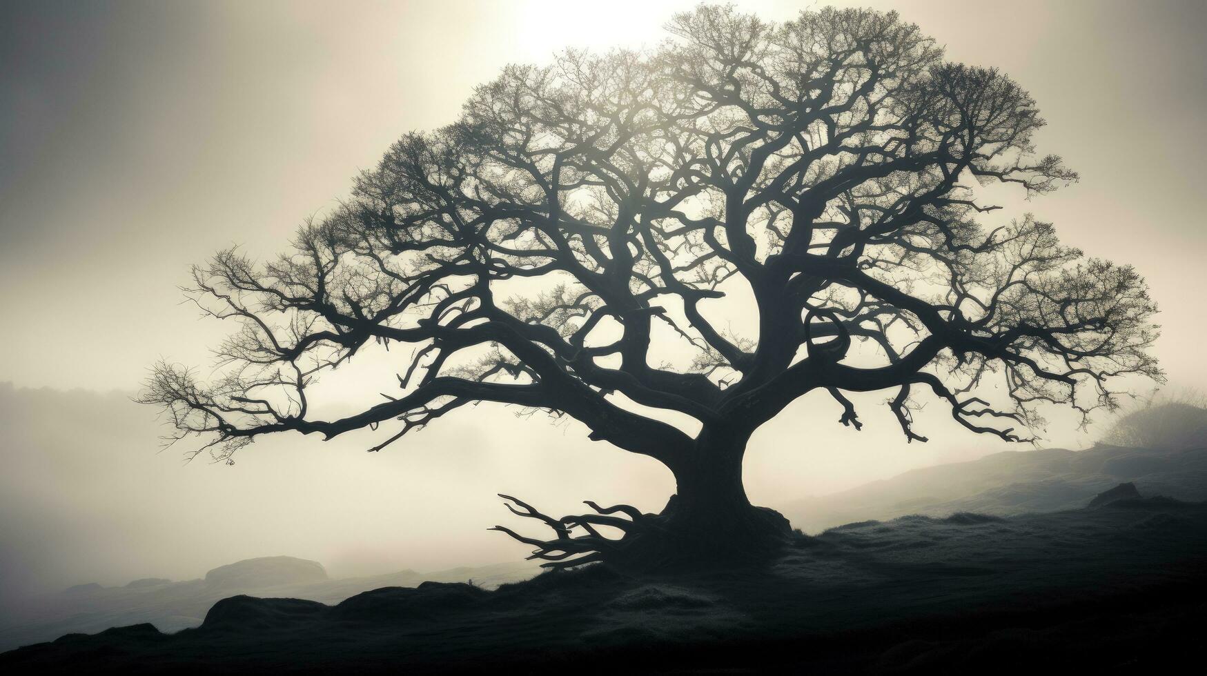 Foggy day with silhouette of an oak tree photo