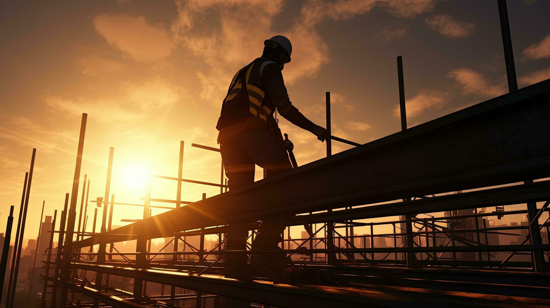 A construction worker focused on safety and heavy industry projects on site. silhouette concept photo