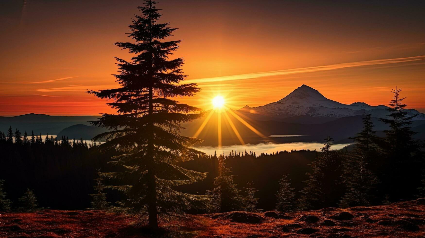 Stunning Western Washington sunrise showcasing an orange sunburst through an evergreen tree with Mount Washington peeking above the silhouette of evergreens photo