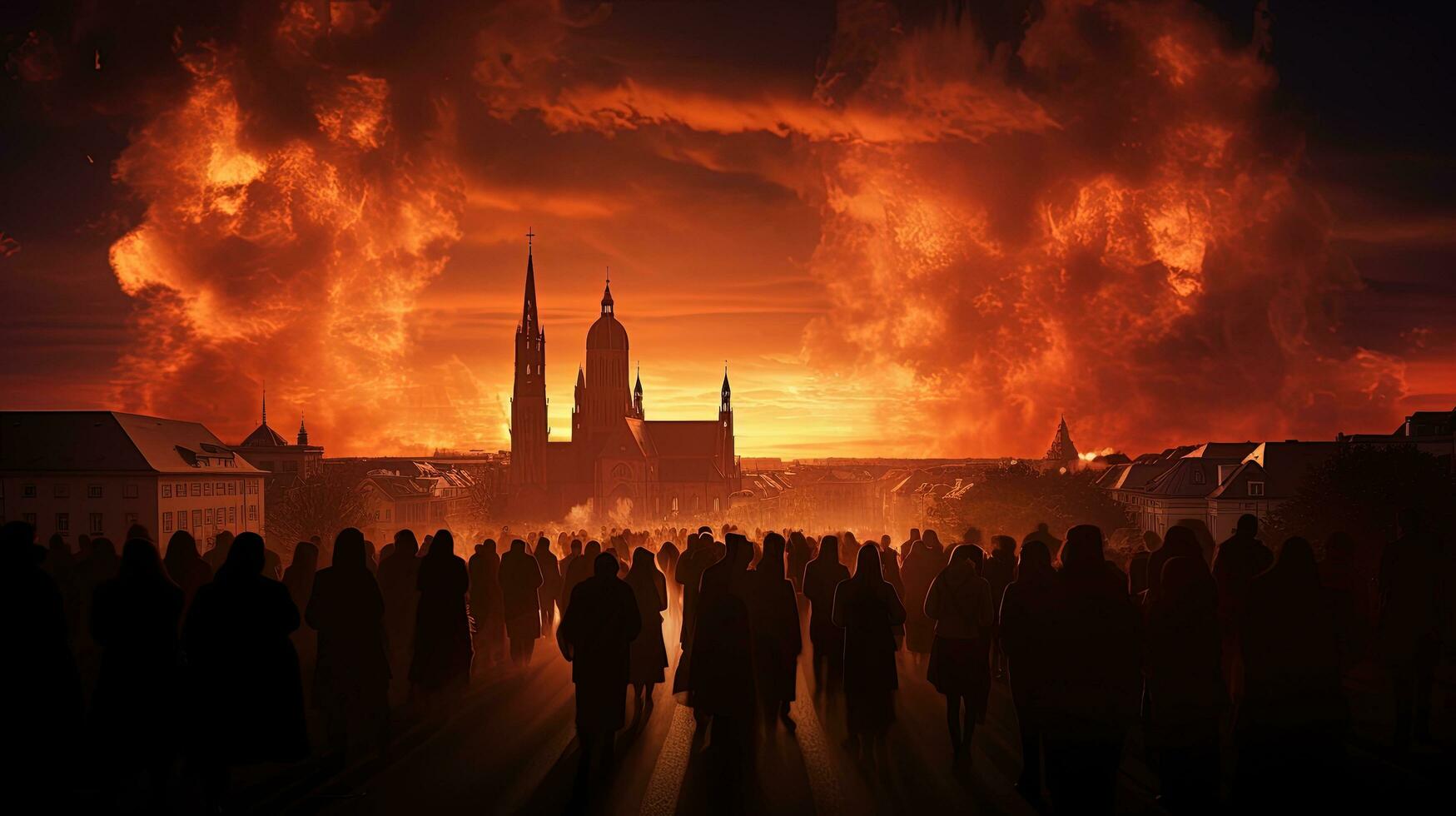 Silhouettes of churches in the Munich skyline against a fiery sunset photo