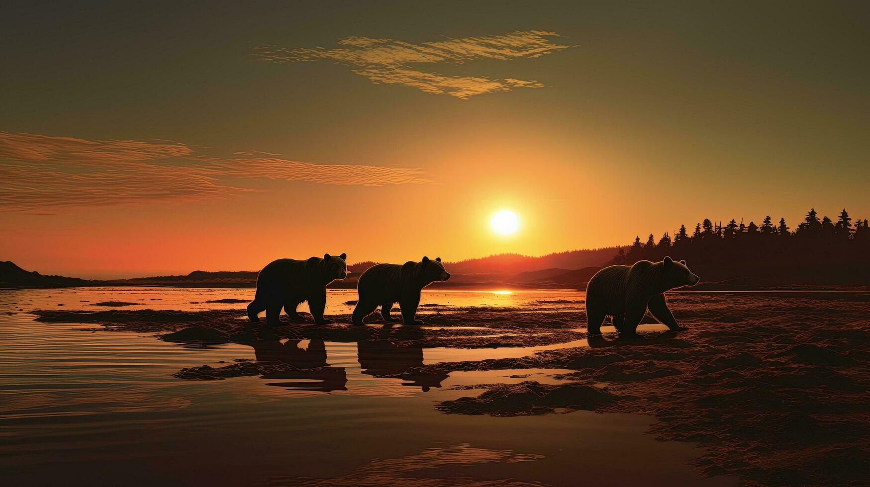 Grizzly bear family seeks salmon breakfast by the beach in Katmai National Park Alaska. silhouette concept photo