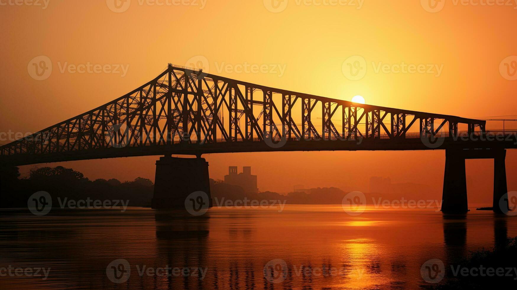 Sunrise silhouette of Howrah Bridge a suspended span over the Hooghly River in West Bengal photo