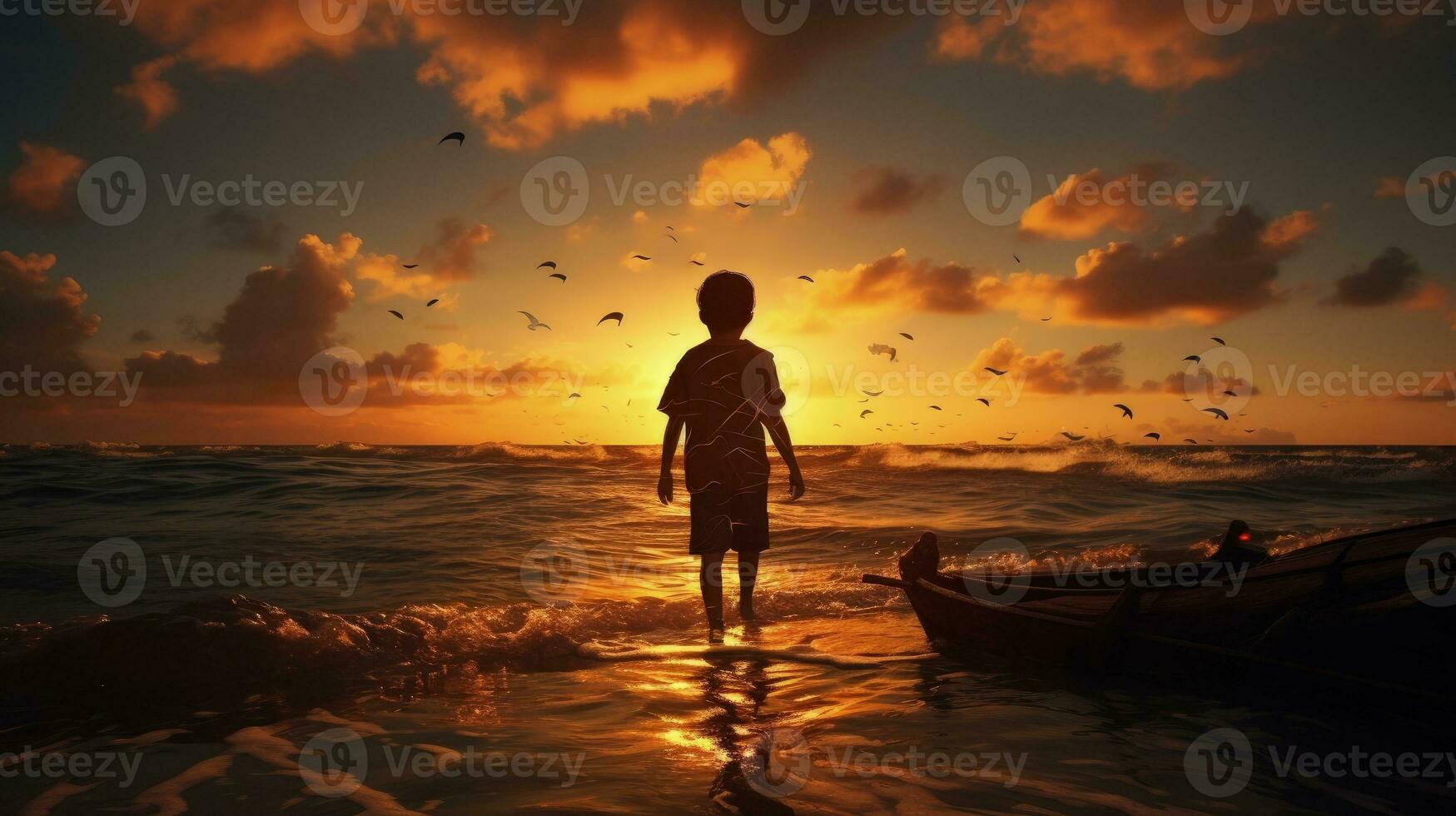 Boy s outline in sunset on the sea. silhouette concept photo