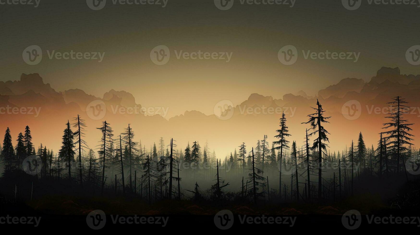 Pine trees cleared forest area against cloudy sky at dusk. silhouette concept photo