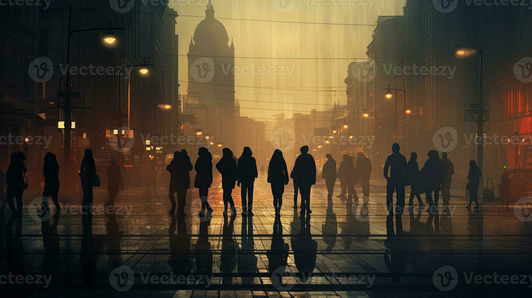 Silhouetted pedestrians crossing city center road photo