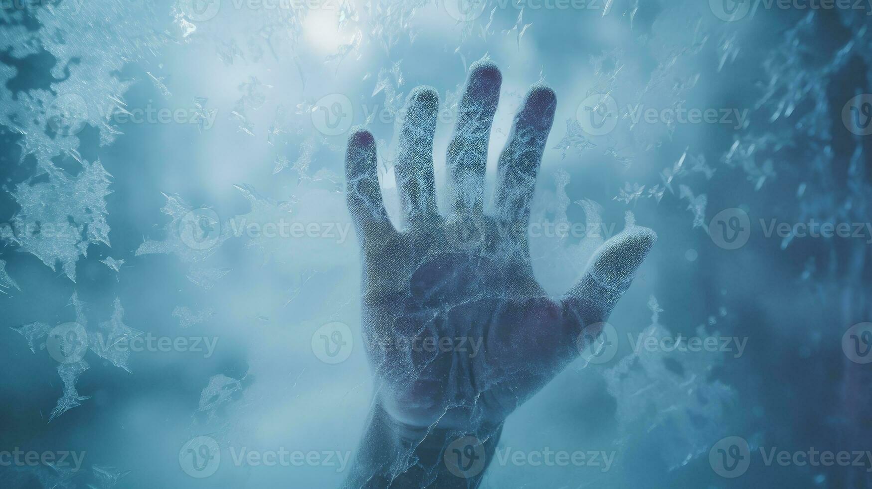 Hand pressed on icy glass with blue backdrop Toned photo Energy crisis symbolizing frigid winter 2022. silhouette concept