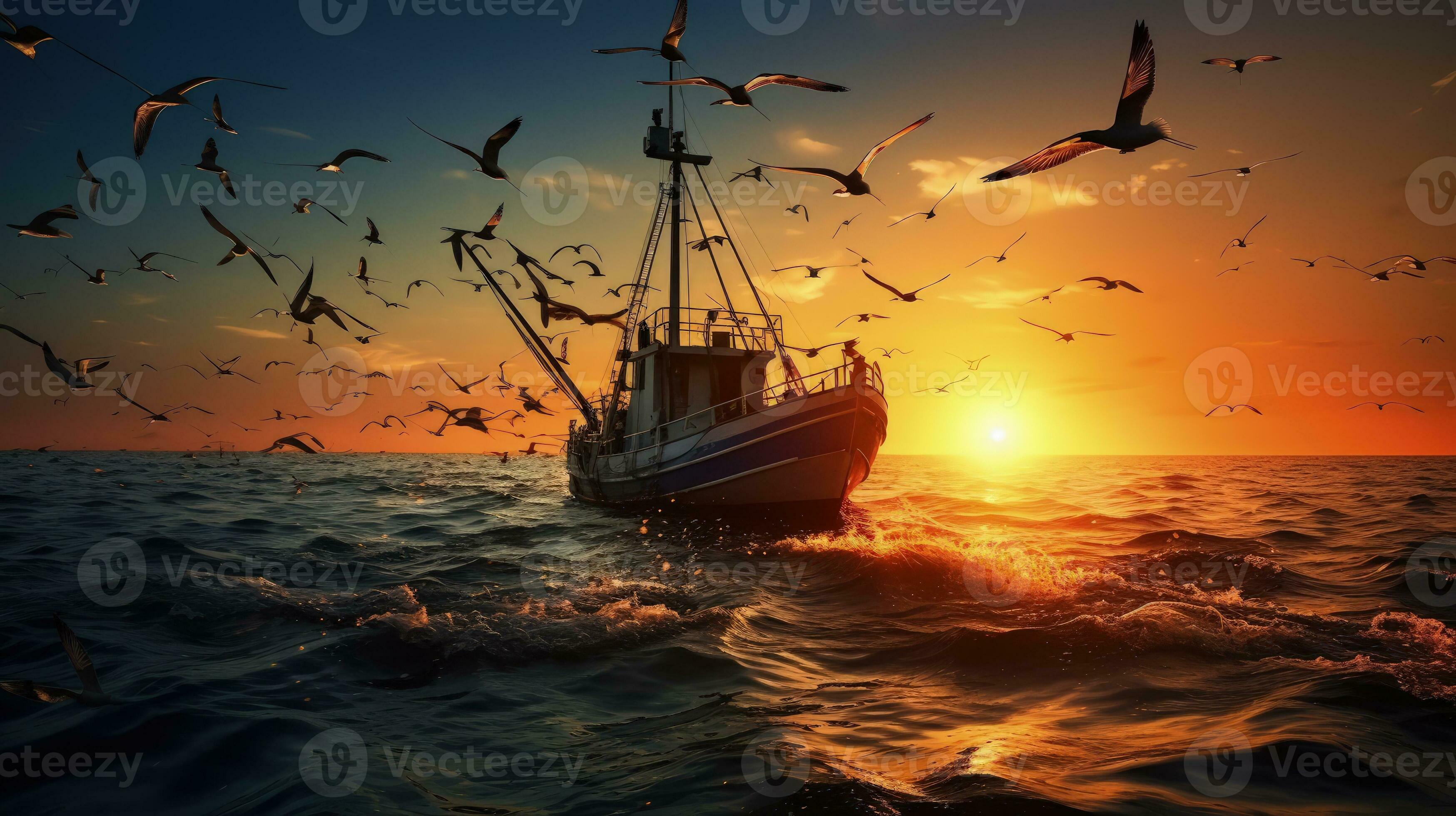 Birds flying over a shrimp fishing boat at sunset in the open sea.  silhouette concept 27447479 Stock Photo at Vecteezy