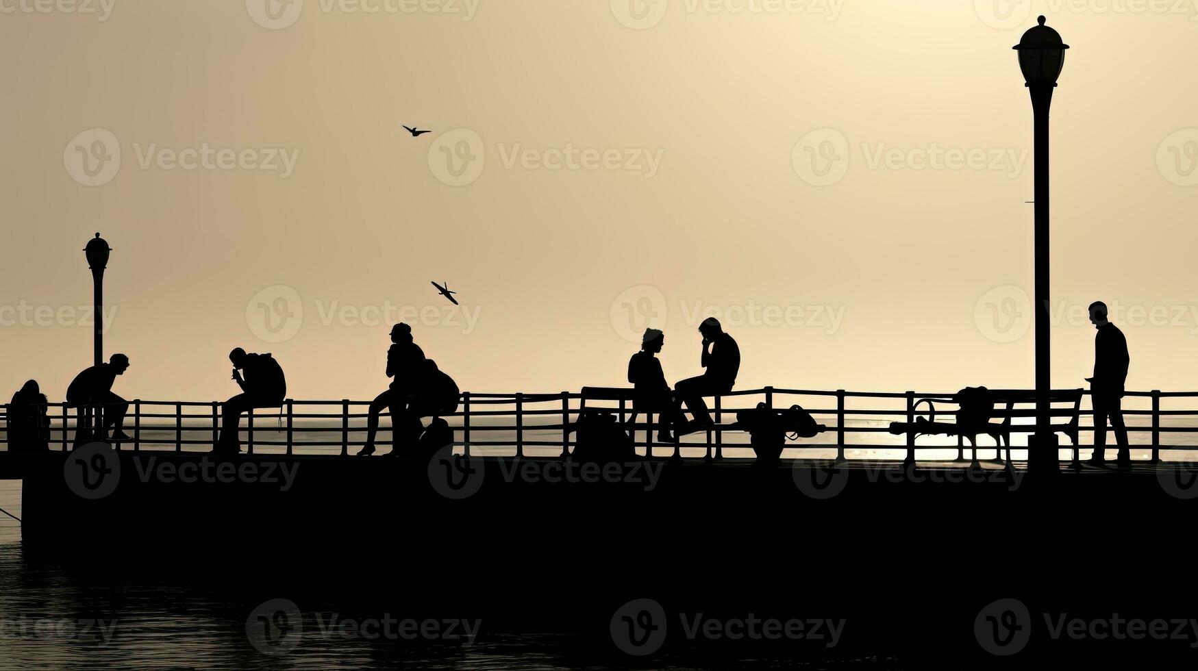 Black and white photograph of people resting on a sea pier. silhouette concept photo