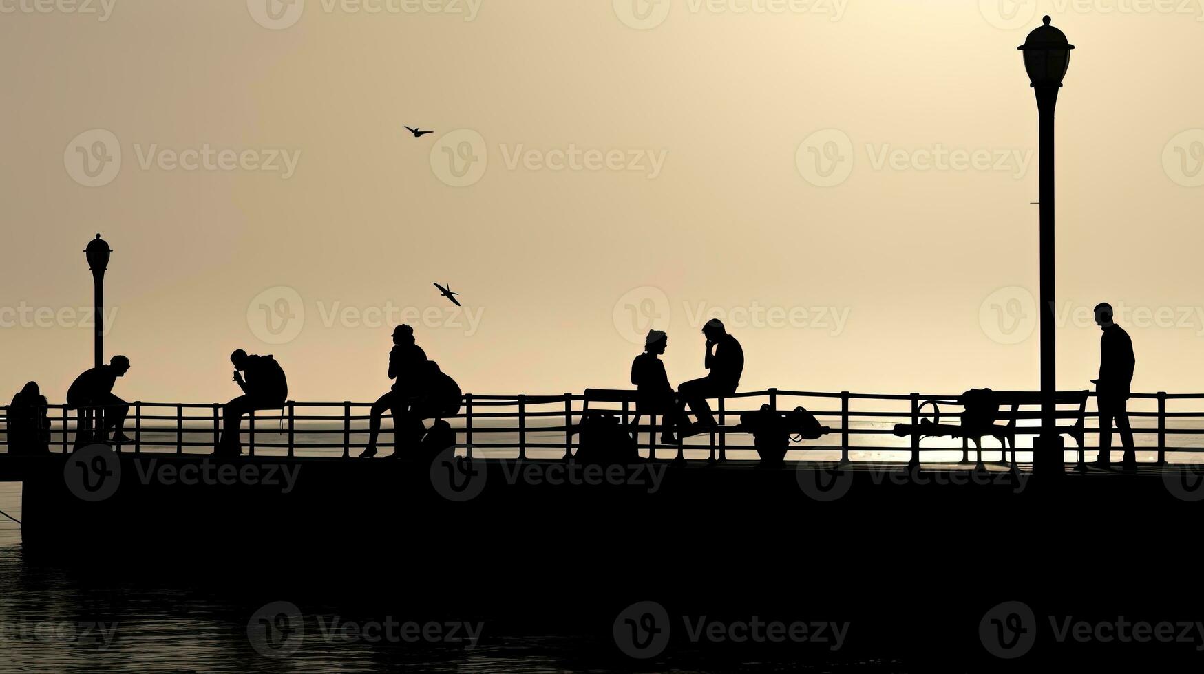 negro y blanco fotografía de personas descansando en un mar muelle. silueta concepto foto