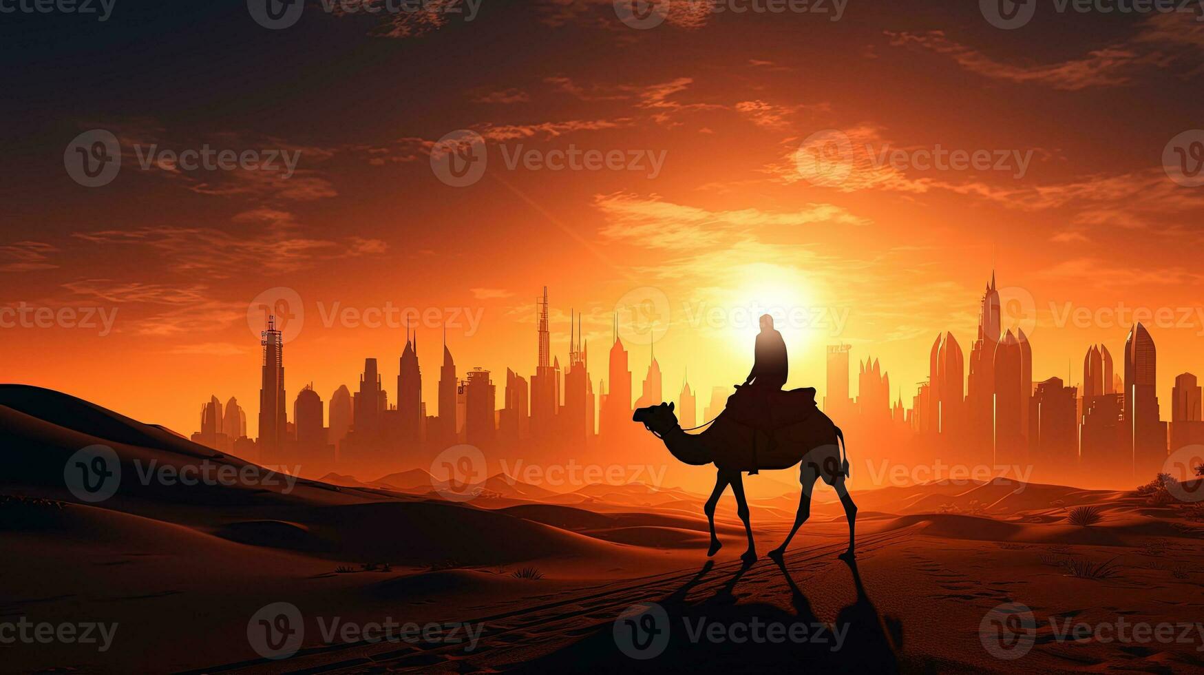 Camel crossing desert with Dubai skyline blending modern and traditional UAE. silhouette concept photo