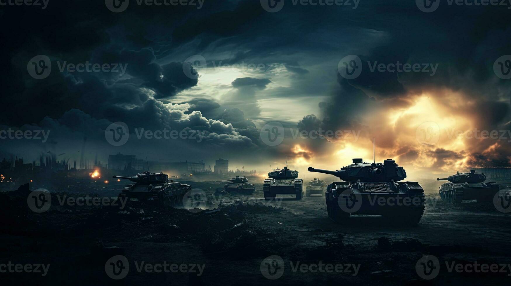 Military silhouettes battle below cloudy sky tanks and armored vehicles fight in war fog background photo