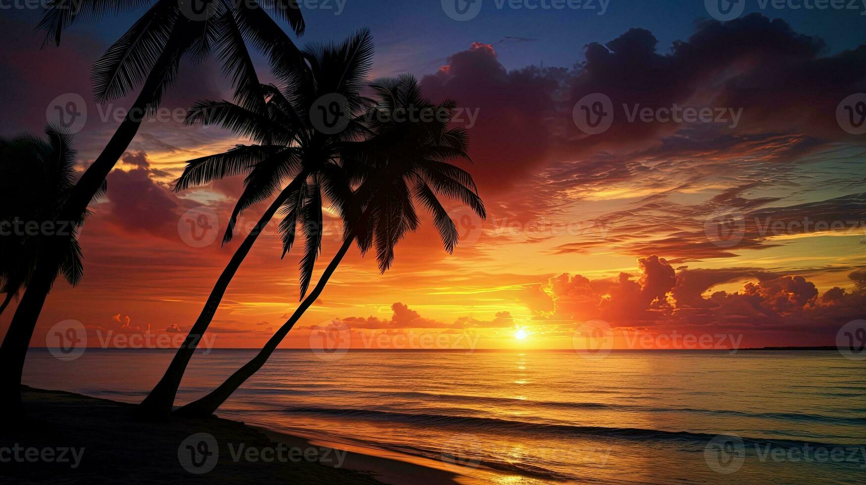 Stunning palms silhouetted against ocean at sunset photo
