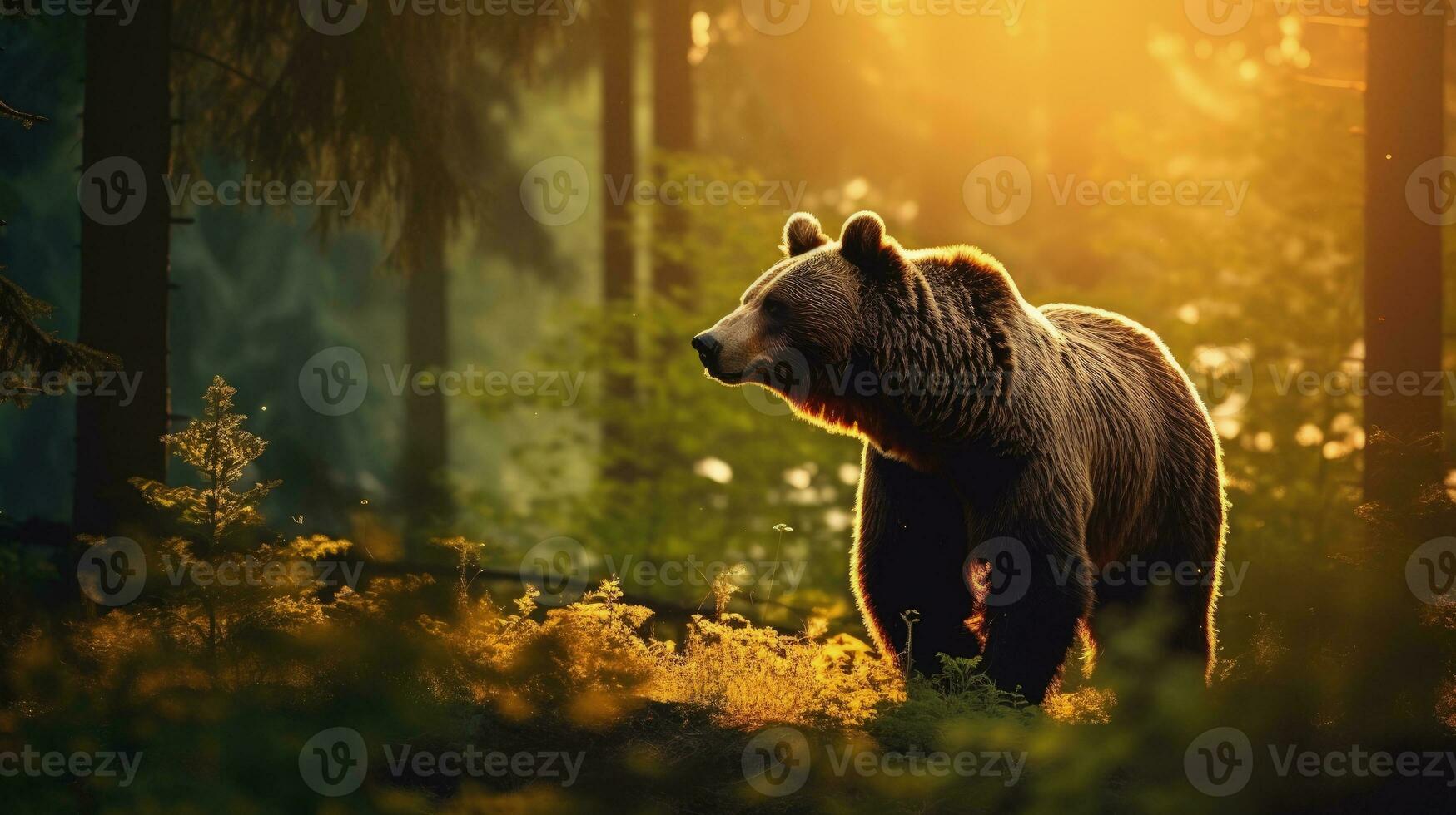 Ursus arctos in natural habitat during summer season with green forest background at sunset. silhouette concept photo