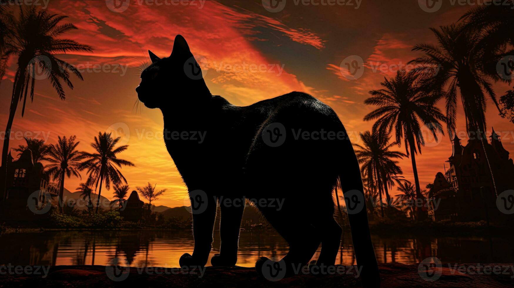 egipcio gato silueta en contra tropical ajuste foto