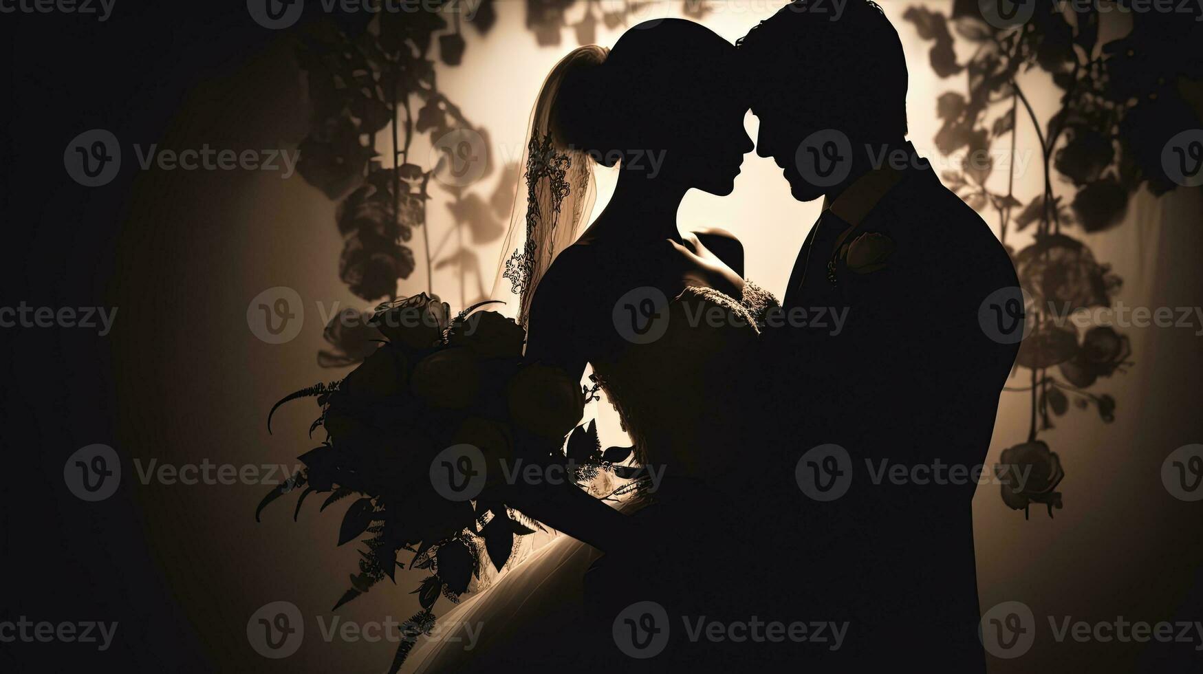 Monochrome colored bouquet of wedding roses takes center stage while the couple remains blurred. silhouette concept photo