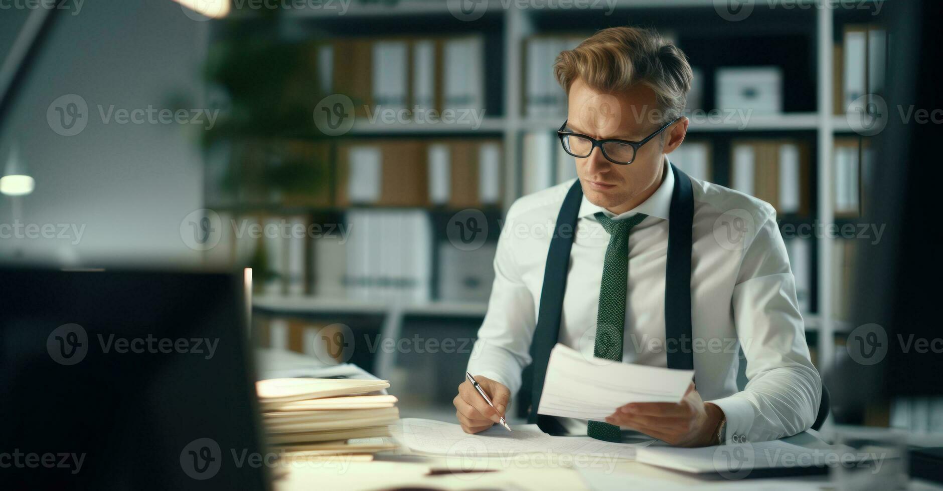 A dedicated employee is the last one in the office, working overtime at his desk photo