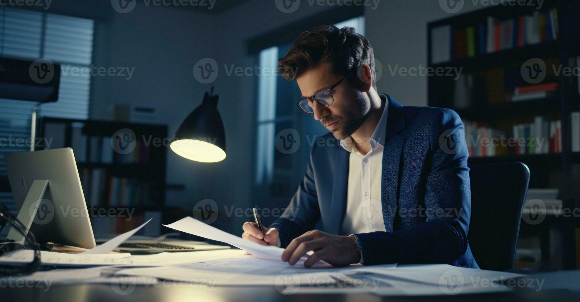 A dedicated employee is the last one in the office, working overtime at his desk photo