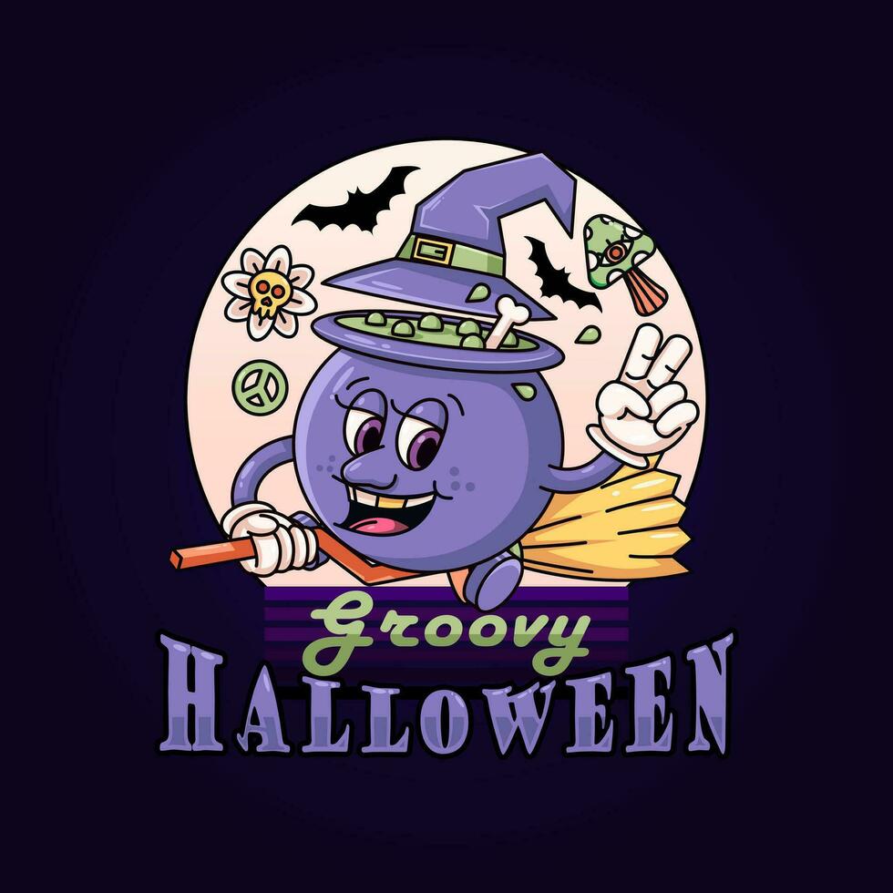 Groovy Halloween. Retro cartoon cauldron with broom flying peacefully. Perfect for logos, t-shirts, stickers and posters vector