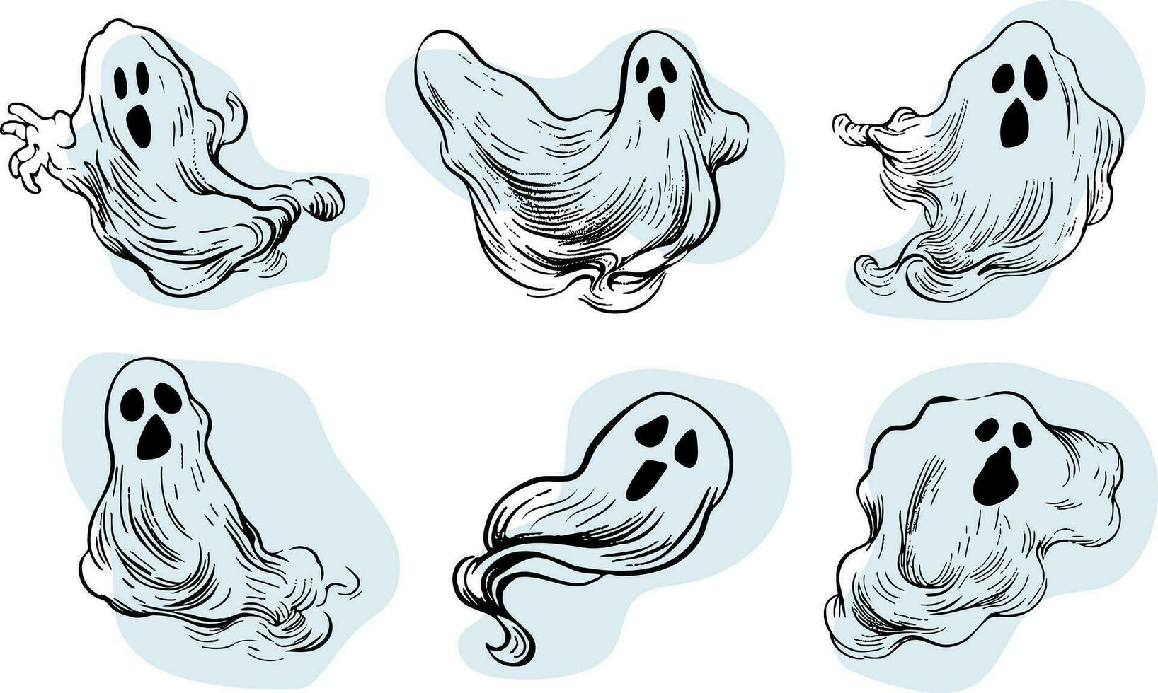 Set of realistic scary flying ghosts.Creepy ghouls and vampires.Scary phantoms banner vector.3d smoke,fog looking spirit at night.The main symbols of Halloween. vector