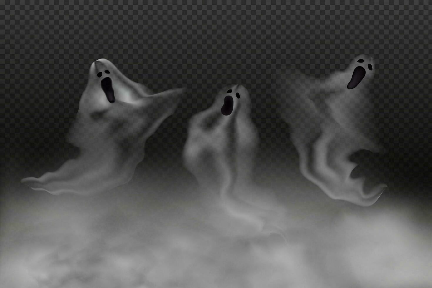 Set of realistic scary flying ghosts.Creepy ghouls and vampires.Scary phantoms banner vector.3d smoke,fog looking spirit at night.The main symbols of Halloween. vector