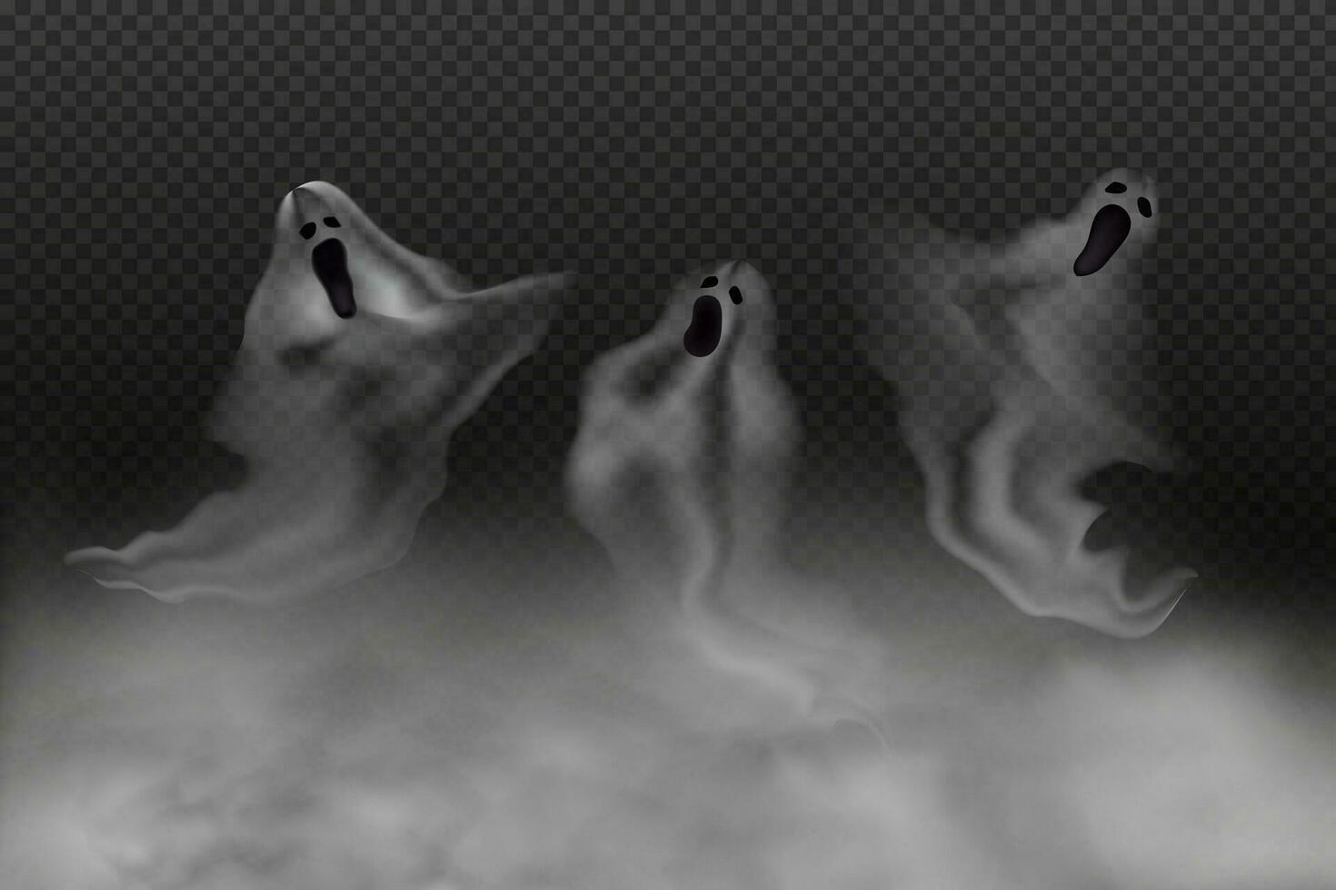 conjunto de realista de miedo volador fantasmas.espeluznante necrófagos y vampiros.de miedo fantasmas bandera vector.3d humo, niebla mirando espíritu a noche.la principal símbolos de Víspera de Todos los Santos. vector