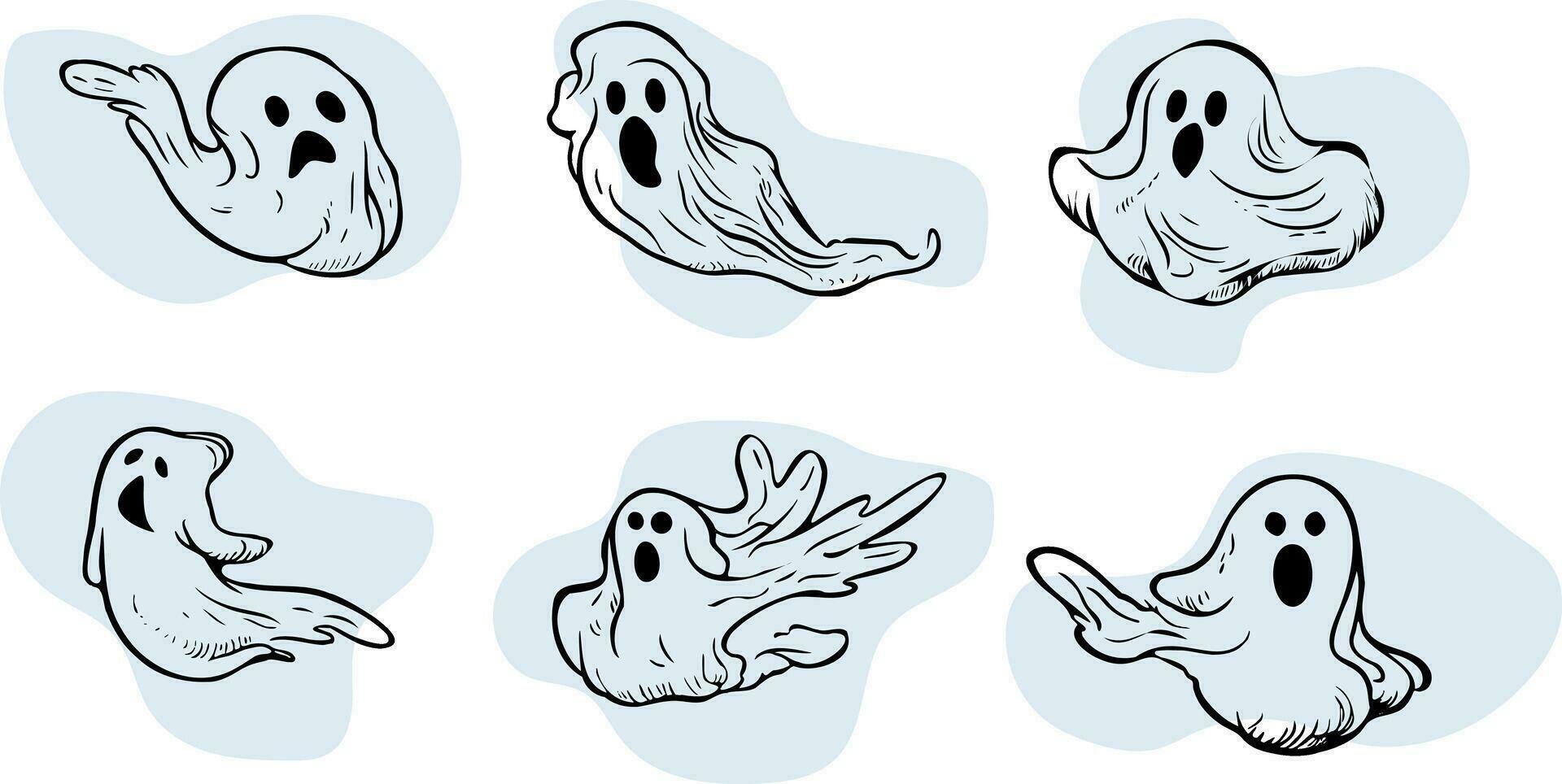 Set of realistic scary flying ghosts.Creepy ghouls and vampires.Scary phantoms banner vector.3d smoke,fog looking spirit at night.The main symbols of Halloween. vector