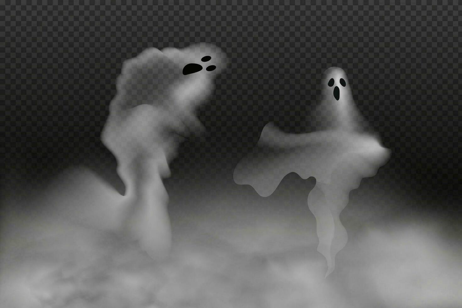 Set of realistic scary flying ghosts.Creepy ghouls and vampires.Scary phantoms banner vector.3d smoke,fog looking spirit at night.The main symbols of Halloween. vector