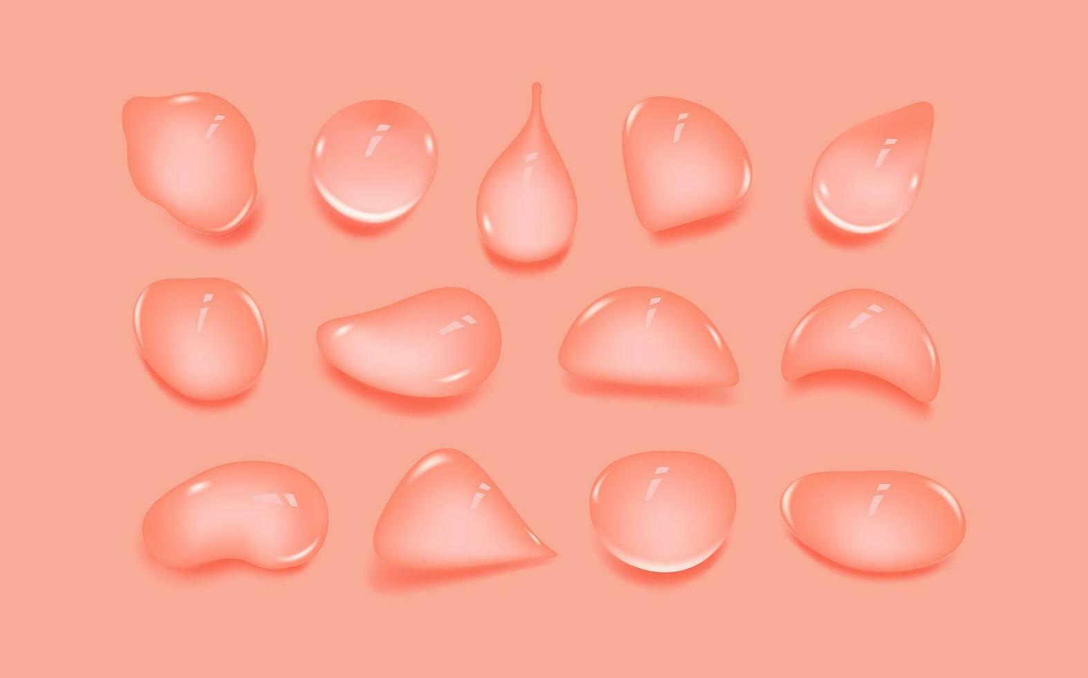 Liquid pink wet drops of gel or collagen.Spilled puddles of cosmetic serum or water. Round clean swatch of essence lotion or jelly for skin care.Beauty background with oil drops. vector
