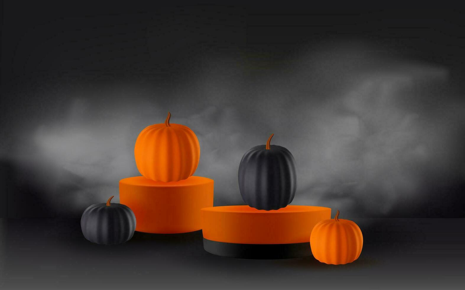 festivo Víspera de Todos los Santos antecedentes decorado con vistoso calabazas con podio.minimal realista 3d diseño etapa pedestal. vector