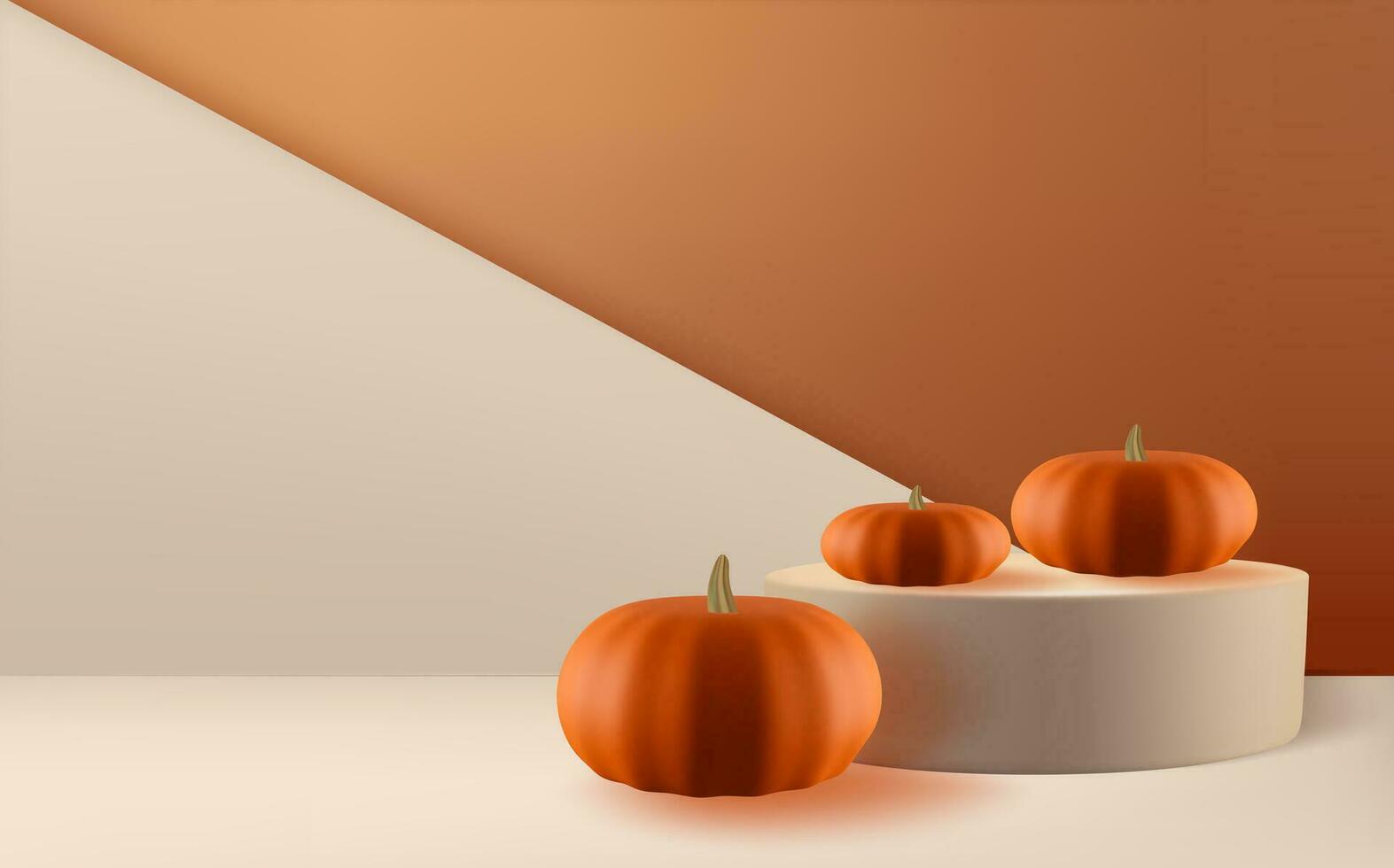 festivo Víspera de Todos los Santos antecedentes decorado con vistoso calabazas con podio.minimal realista 3d diseño etapa pedestal. vector