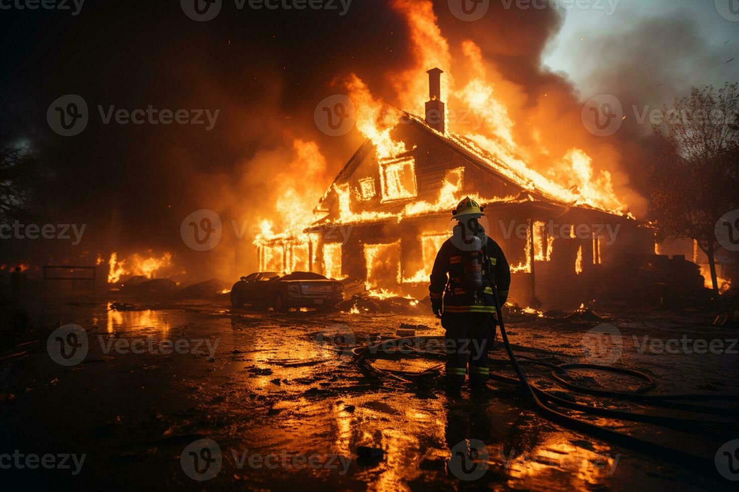 Firefighter trying to stop fire from burning buildings photo