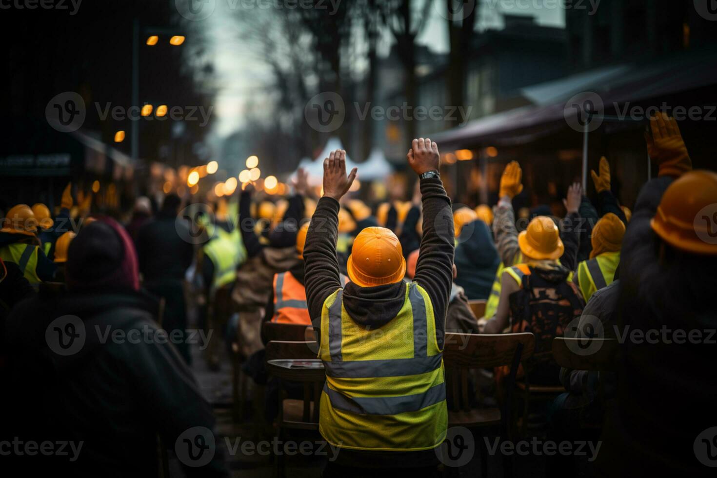 construcciones trabajadores caminando en el calle celebrando foto