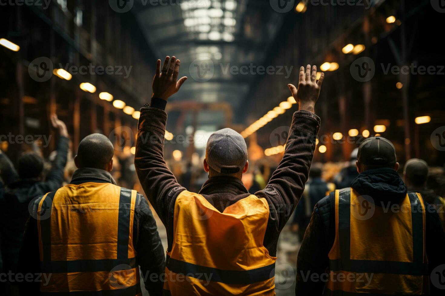 Constructions workers walking on the street celebrating photo