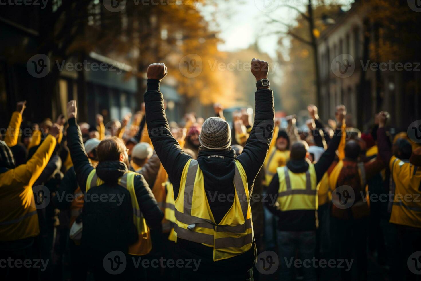 Constructions workers walking on the street celebrating photo