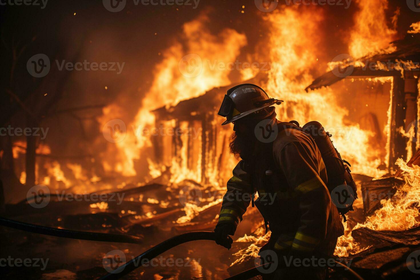Firefighter trying to stop fire from burning buildings photo