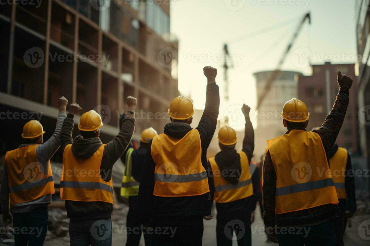 Constructions workers walking on the street celebrating photo