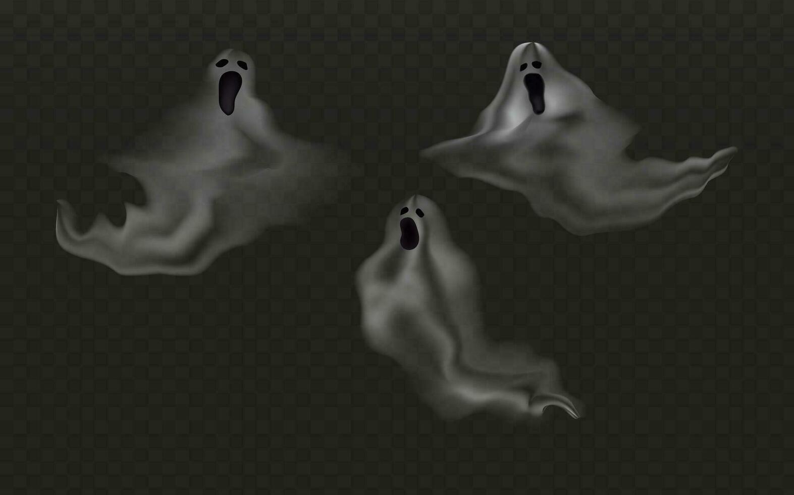 Set of realistic scary flying ghosts.Creepy ghouls and vampires.Scary phantoms banner vector.3d smoke,fog looking spirit at night.The main symbols of Halloween. vector