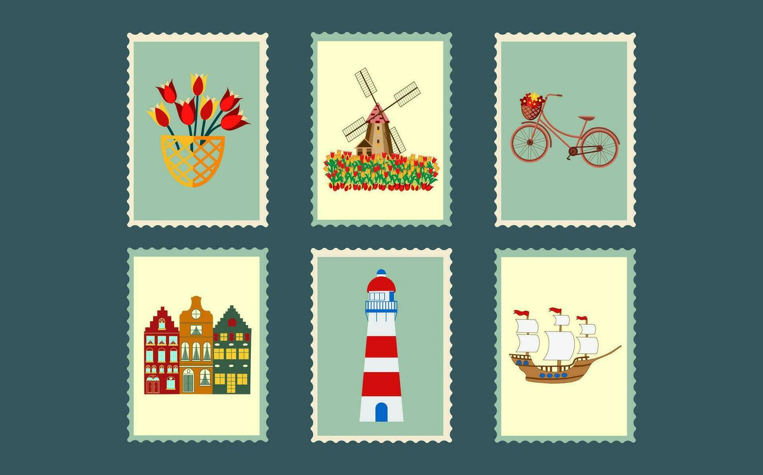 A set of postcards with a variety of with symbols of Amsterdam. Miniature images of Holland. vector