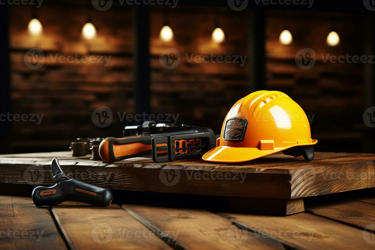 various tools and construction equipment on a wooden background