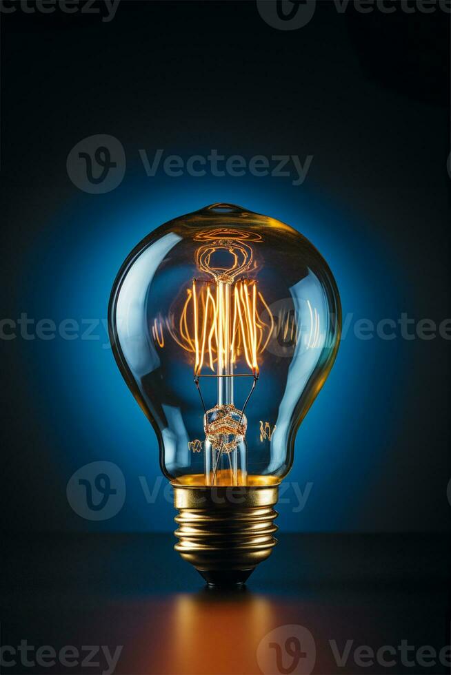 Yellow lightbulb on a blue background realistic view photo