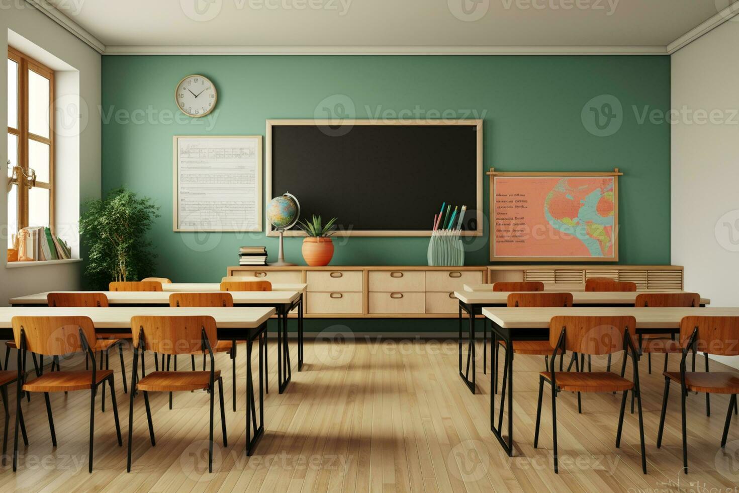 foto salón de clases interior con colegio escritorios sillas y verde tablero vacío colegio salón de clases