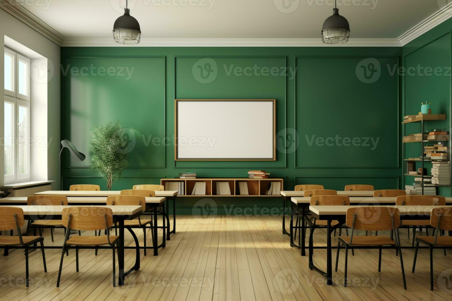 Photo classroom interior with school desks chairs and green board empty school classroom