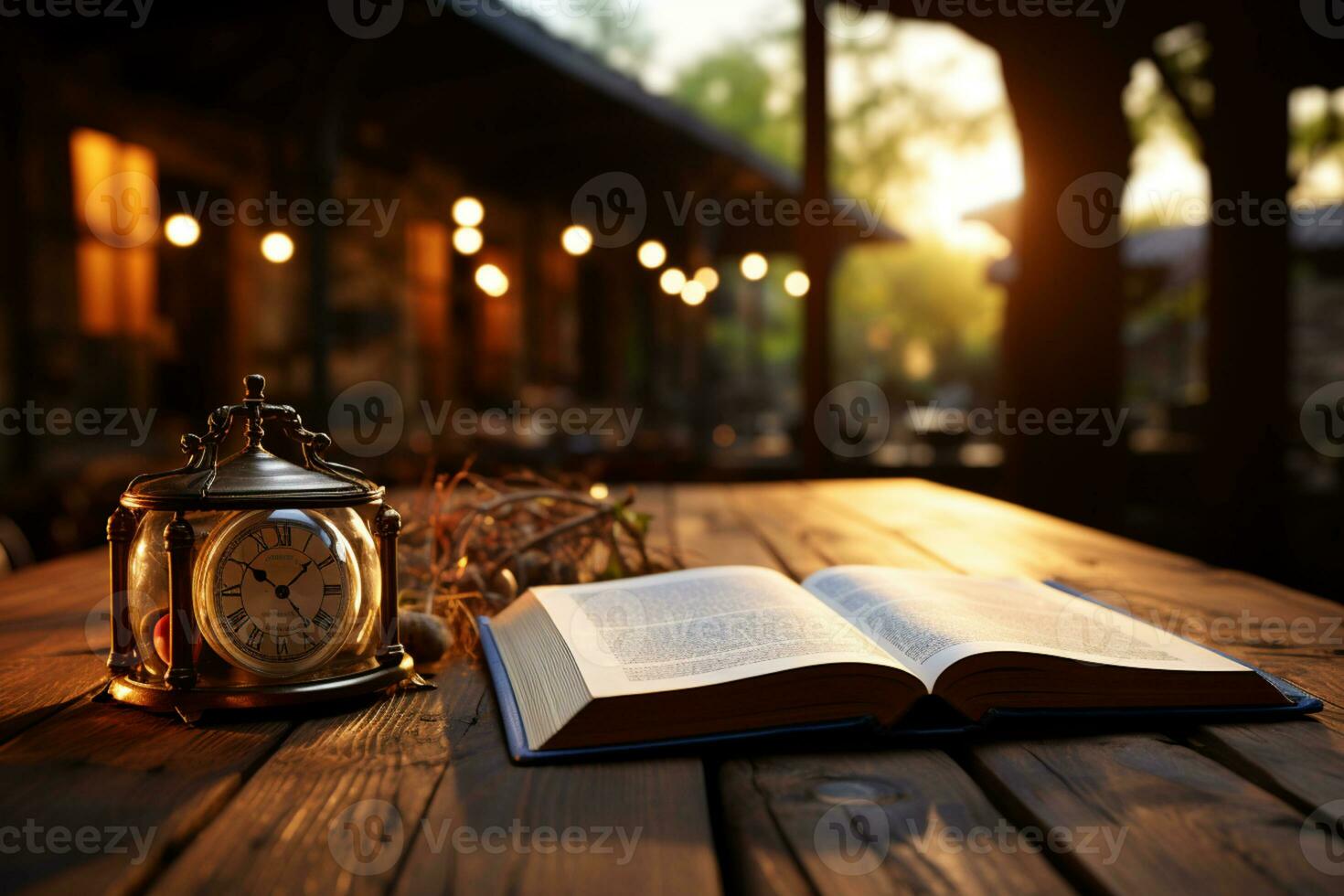 Open book on a wooden table with blurred library background eyelevel view photo