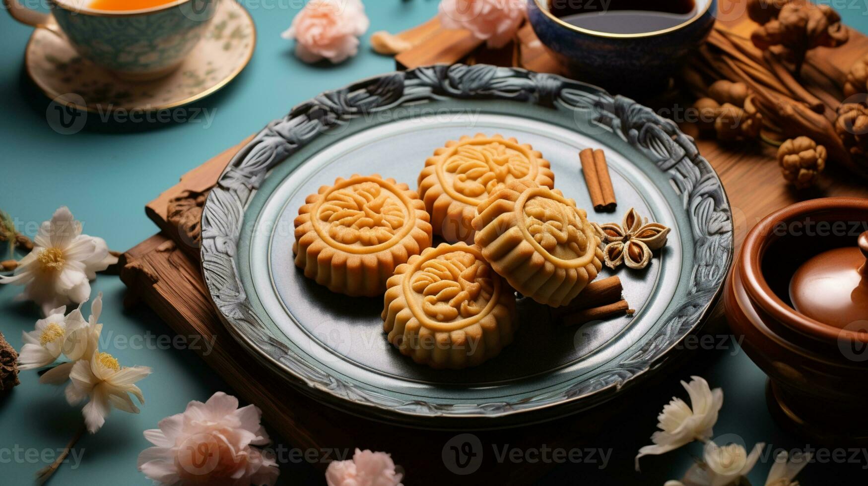 plato de tartas de luna servido con té en azul antecedentes foto