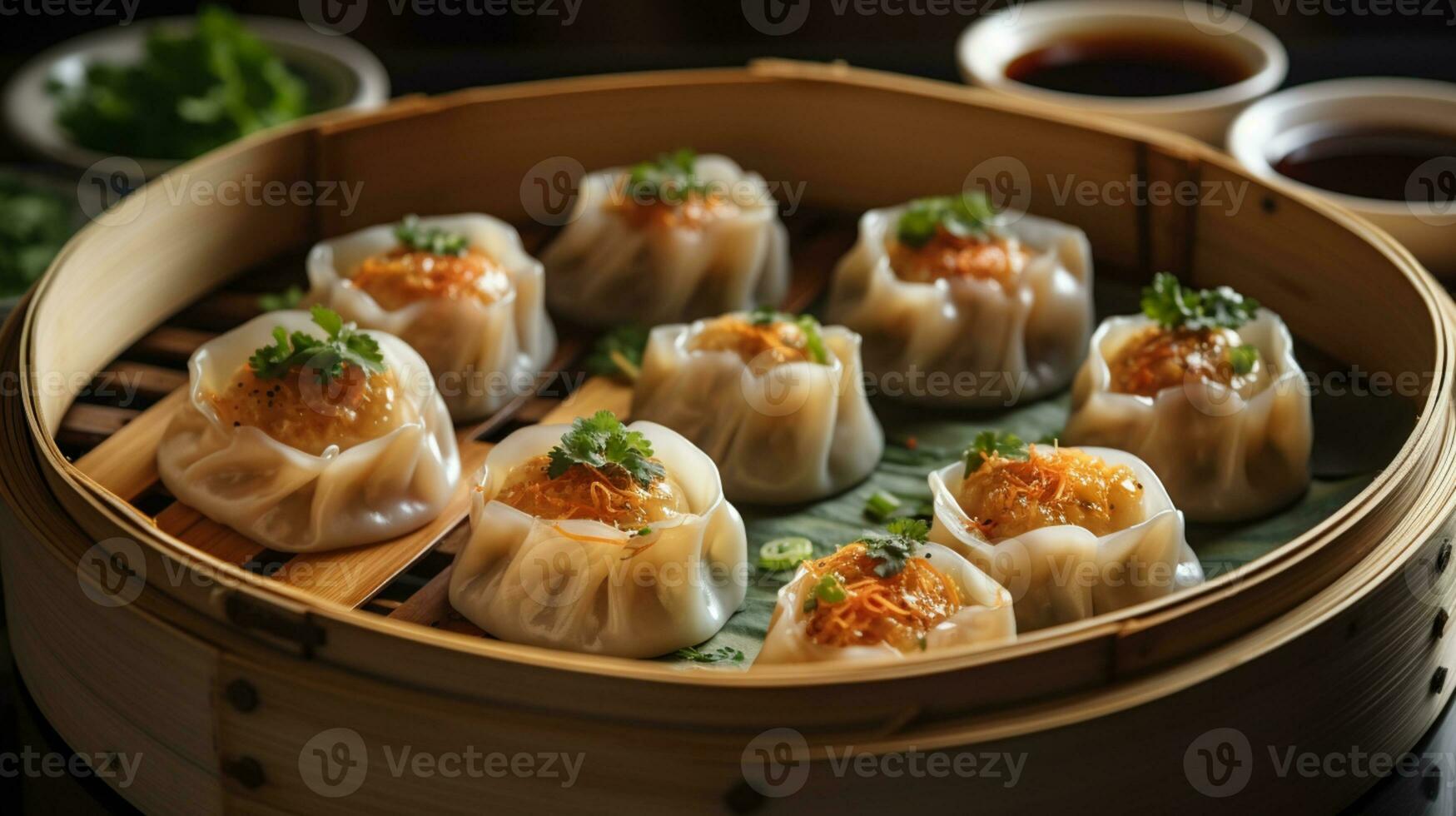 a bamboo plate of dumplings with sauce and garnish photo